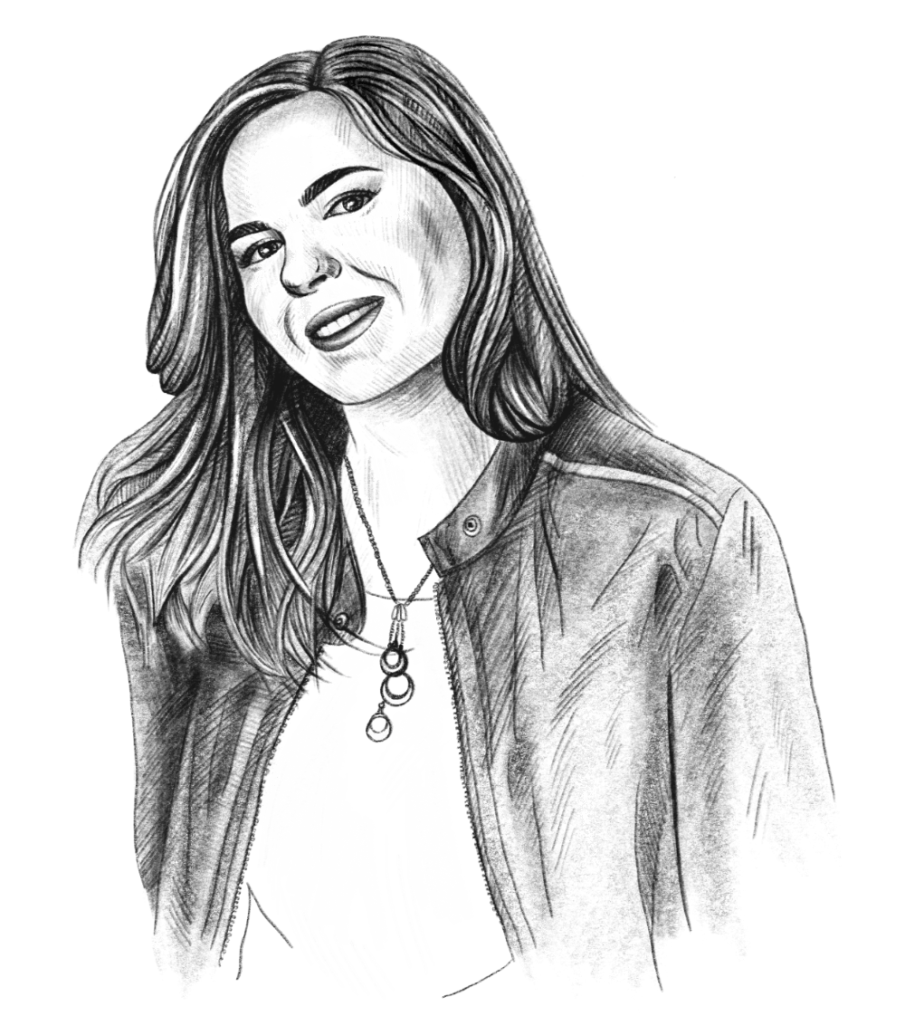 A black and white drawing of smiling Anna Sher wearing a leather jacket and shirt